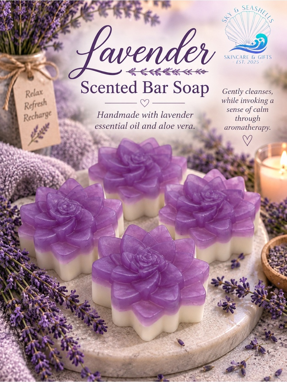 Hand Crafted “Lavender” Scented Bar Soap With Aloe Vera & Lavender Essential Oil
